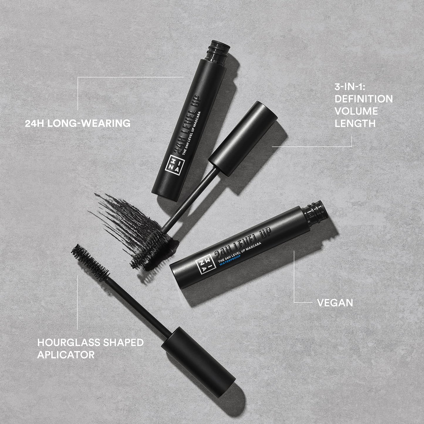 3INA The 24H Level Up Mascara - Intense Black Mascara Volume and Length with Hourglass Brush for Full Definition - Vegan, Cruelty Free - 900-0.27 oz