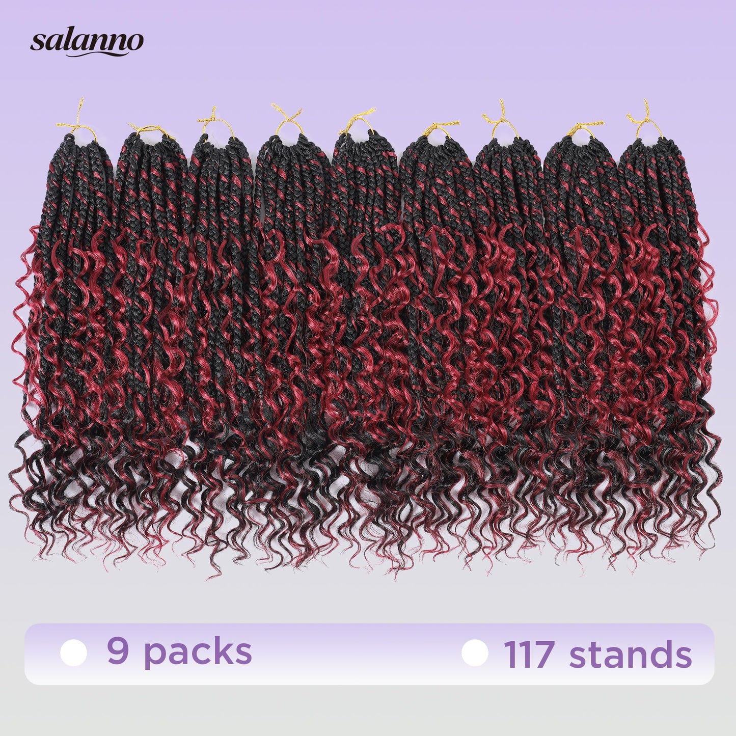 SALANNO Tornado Colorful Spirals Goddess Pre-looped Box Braid Extensions Crochet Hair for Black Women - Synthetic Boho Crochet Braids with Curly Ends(14inch, 9packs, 1B/132)