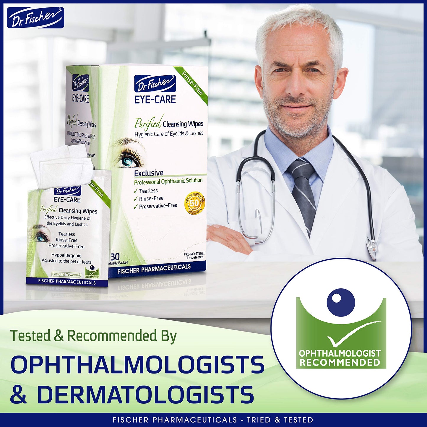 Dr. Fischer Eye Wipes for Dry and Red Eyes, Eyelid Wipes for People