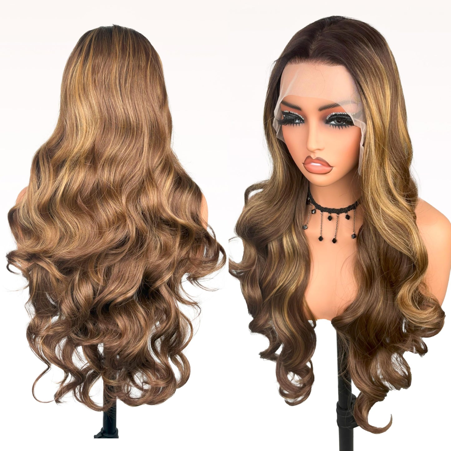 Honey Brown Body Wave Synthetic Wig 26 Inch Lace Front Ombre Brown balayage Wig Pre Plucked Pre Cut 13 * 4 HD Lace Heat Resistant Synthetic Highlights Wig for Women