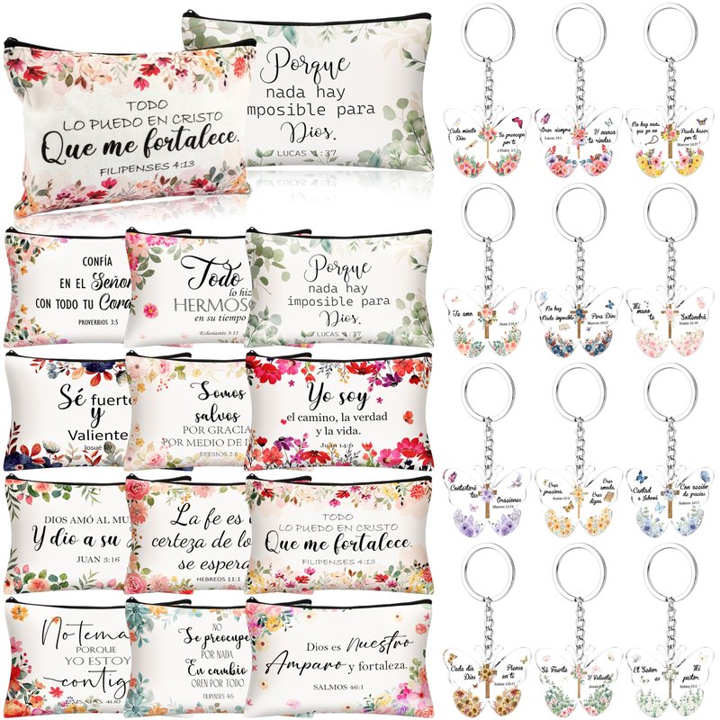 24 Pcs Spanish Christian Gift Set - 12 Women Makeup Bags Bulk & 12 Butterfly Keychains Inspirational Bible Verse Cosmetic Bags Religious Gifts for Women Regalos Religiosos Para Mujer En Español