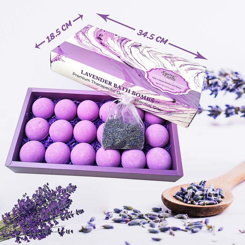 Lavender Bath Bombs Gift Set for Men & Women. 18 Individually Wrapped Bath Bombs with Organic Ingredients & Essential Oils. Relaxing Natural Bath Balls