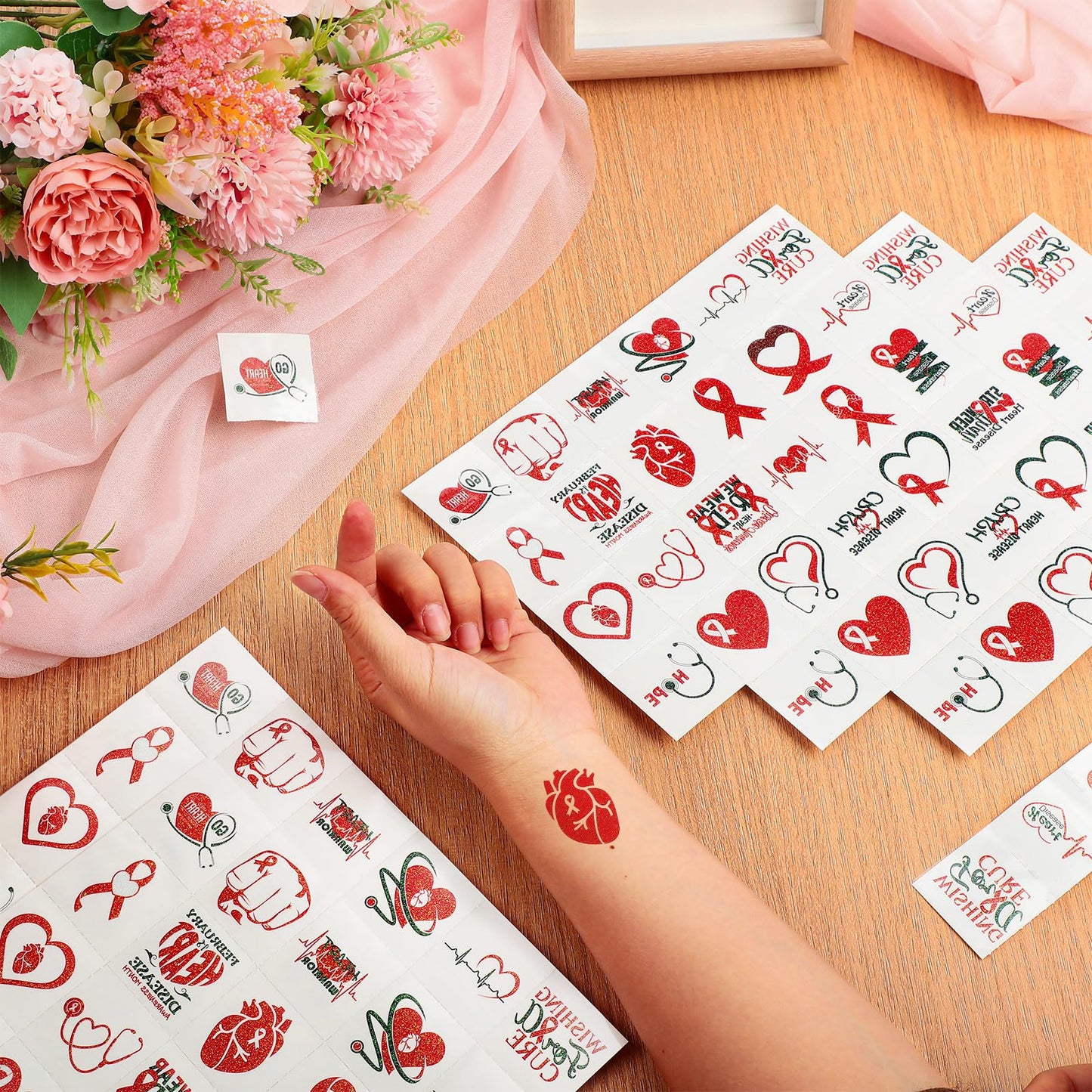 Landhoow 240 Pcs Heart Health Awareness Tattoos Temporary Glitter Awareness Body Sticker for Campaign Favor Charity Supplies, 24 Designs