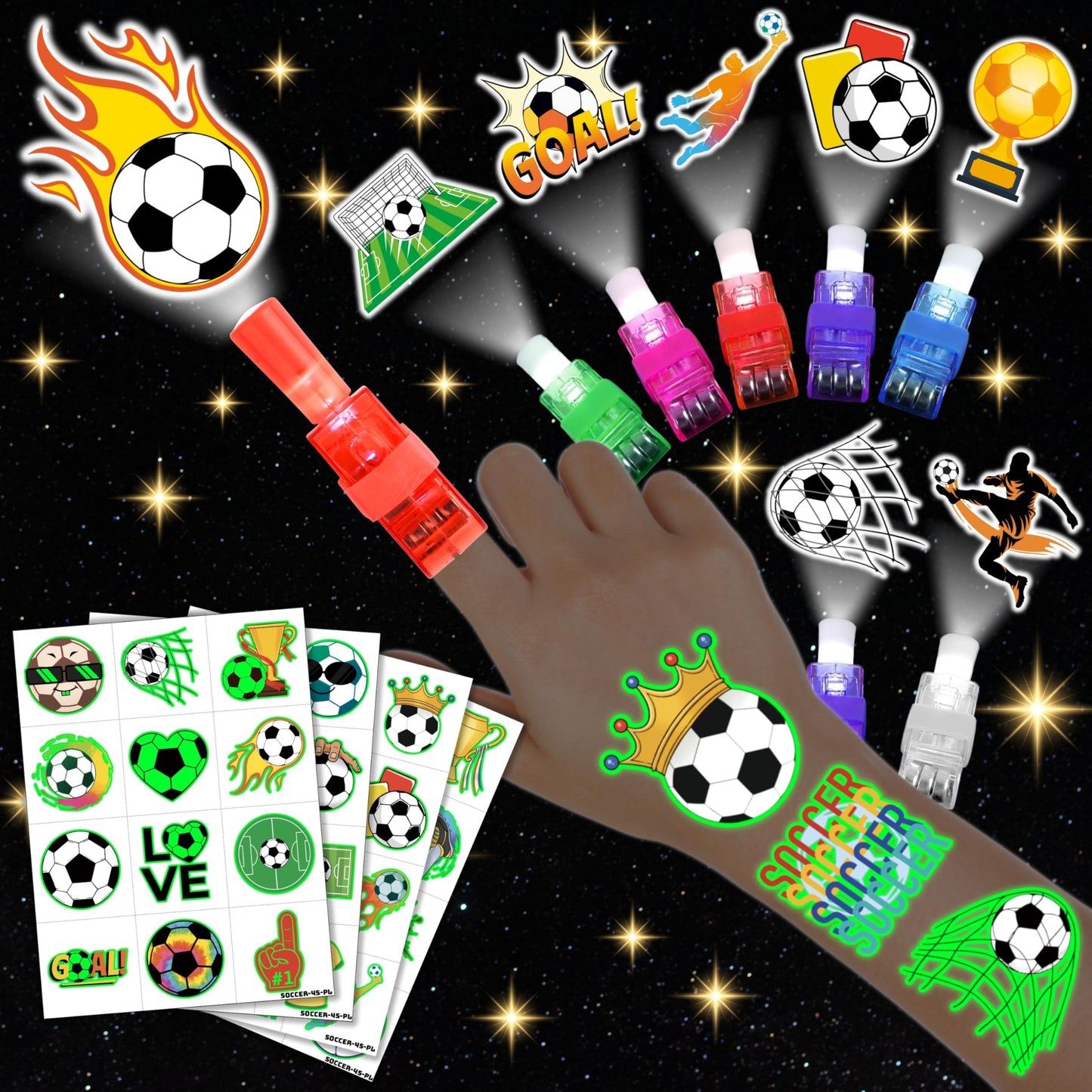 72 PCS Soccer Party Favors – 48 PCS Luminous Tattoos & 24 PCS LED Finger Lights Combo – Birthday Goodie Bag Fillers, Party Supplies, Gifts Light Up Toys Glow In The Dark for Boys and Girls (Soccer 1)