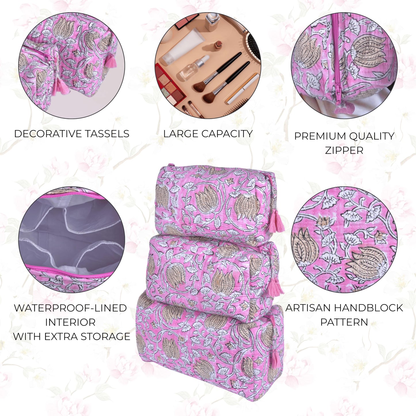 Quilted Floral Block Print Makeup Bag Set of 3 – Cotton Travel Toiletry and Makeup Organizer, Cosmetic Pouch, Toiletry Bag for Women, Cute Boho Coquette Make Up Bags for Women (Small, Medium, Large)
