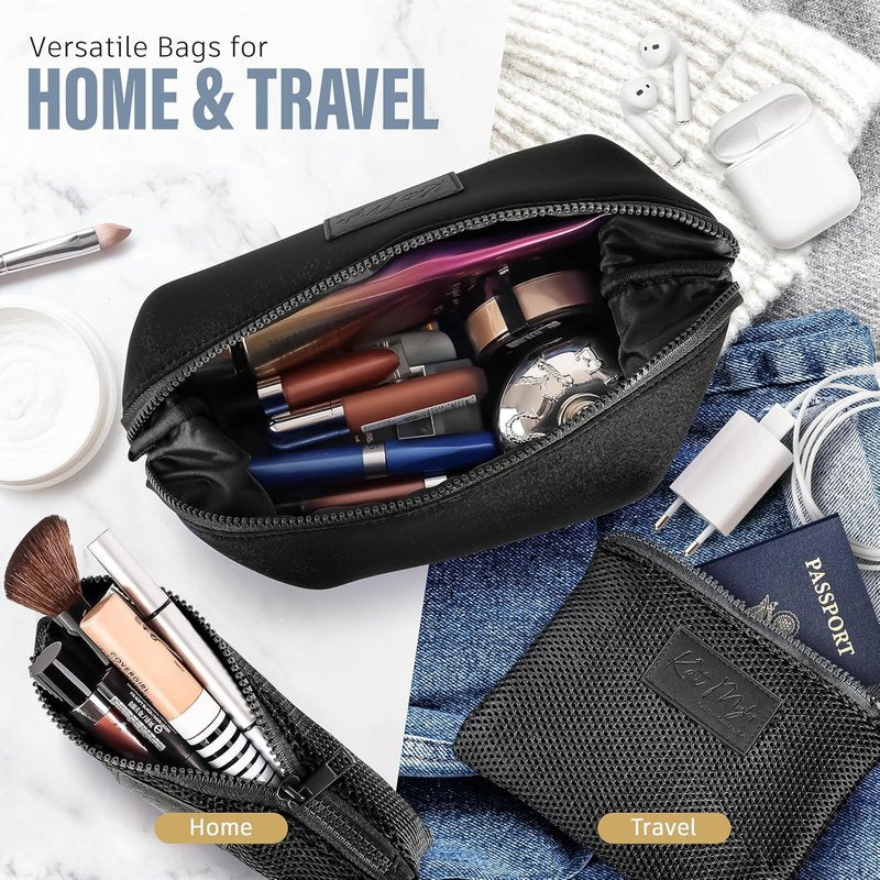 Neoprene Travel Makeup & Cosmetic Bag Set - 2 Air Mesh Pouches | Large Water-Resistant Toiletry Bag (Jet Black)