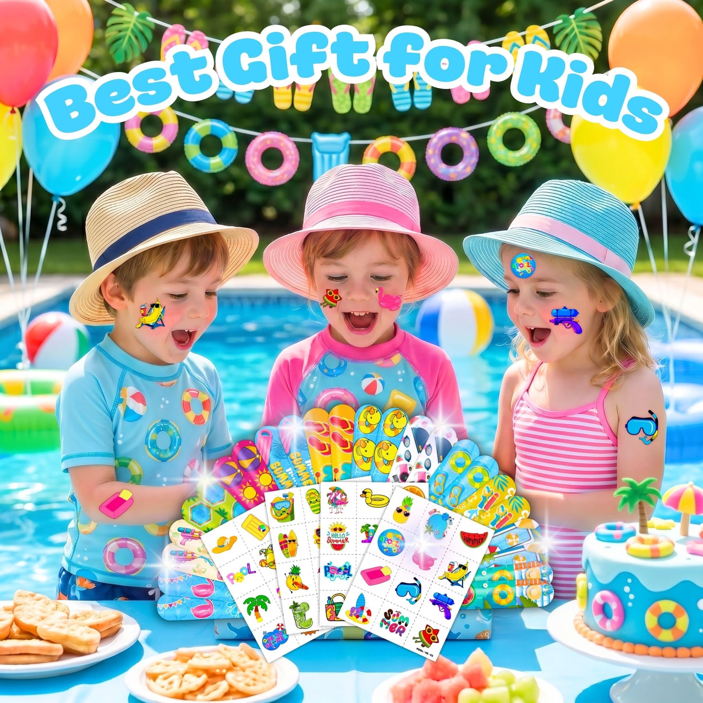 Cherisnowy 72PCS Pool Beach Summer Party Favors, Tattoos & Slap Bracelets
