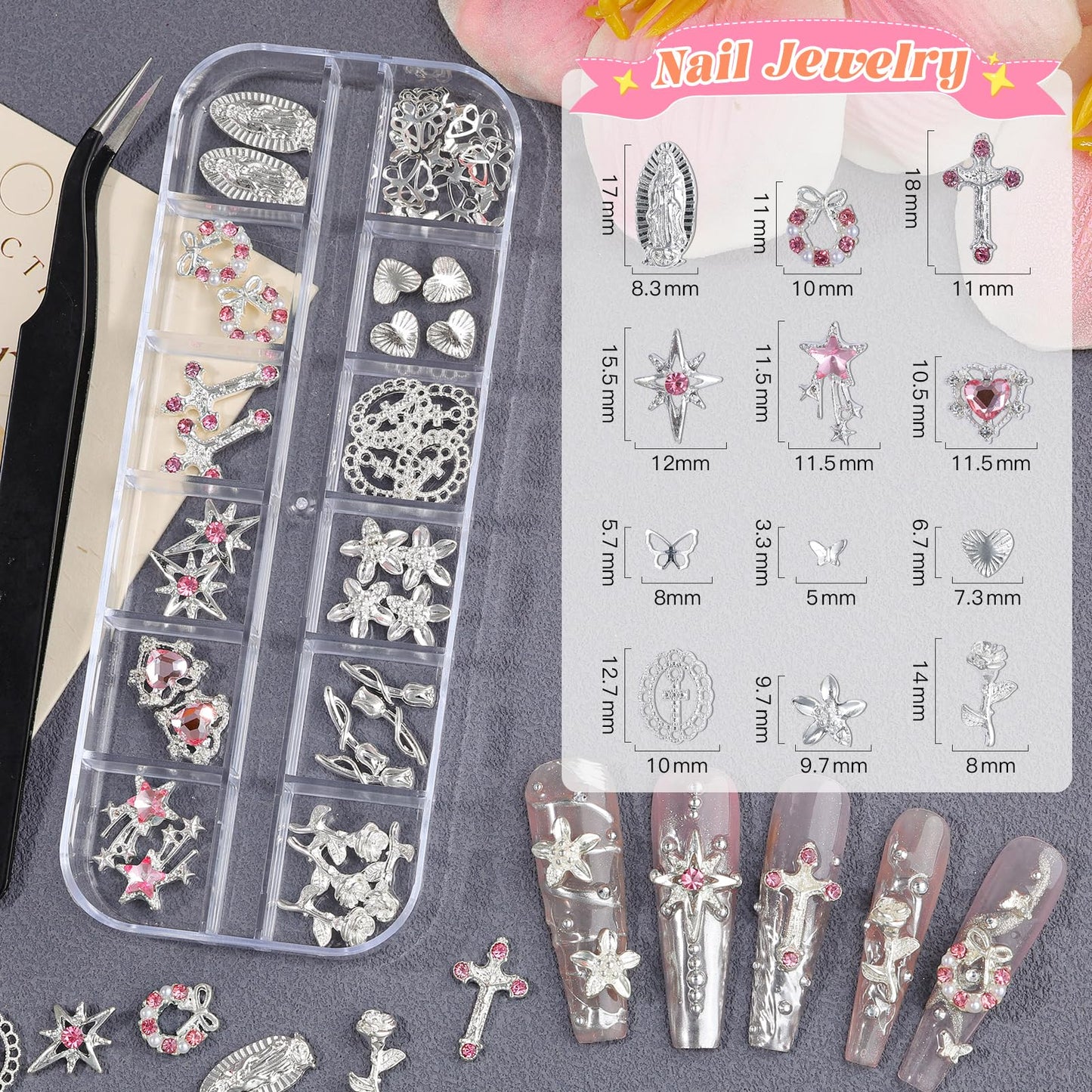 5Boxes Silver Nail Charms and Gems Kit, 3D Metal Flower Heart Bow Cross Star Nail Studs Charms for Nails Design, Pink White Flatback Rhinestones and Pearls Mini Caviar Beads with Tweezers for Nail Art