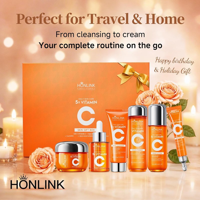 Hydrating Vitamin C Skincare Set - 6-Piece Daily Face Care Routine with Niacinamide, Cleanser, Toner, Serum, Moisturizer, Eye Cream & Body Lotion