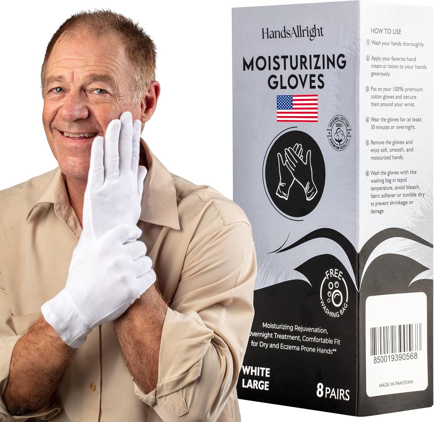 White Cotton Gloves for Dry Hands - 8 Pairs of Washable Overnight Moisturizing Gloves | Breathable for Men & Women