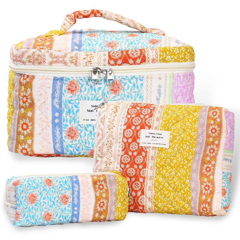 Dvehdbay 3Pcs Quilted Makeup Bag - Cotton Large Floral Makeup Bag, Travel Cosmetic Bag Cute Flower Aesthetic Floral Toiletry Organizer Bag Set for Women (08Yellow-Red)