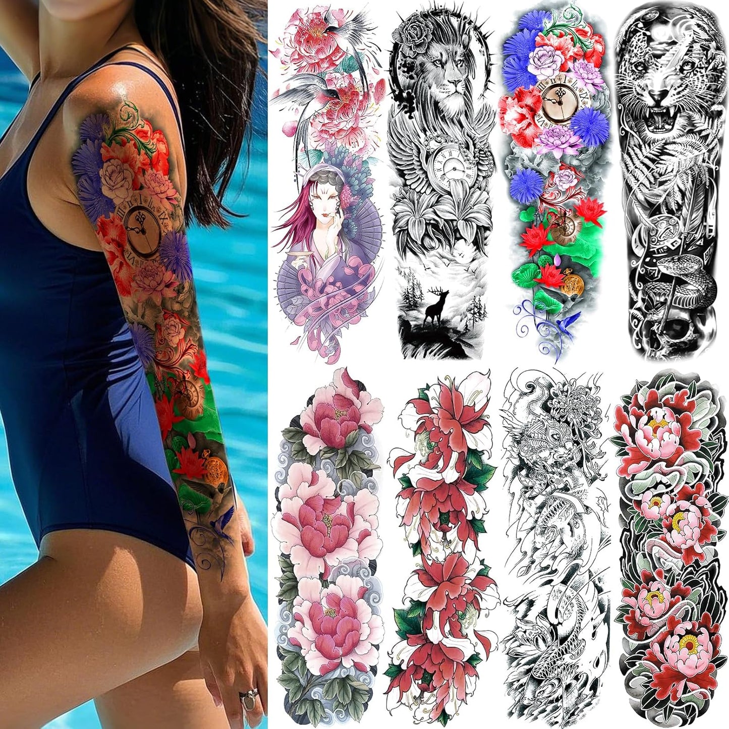 Full Arm Temporary Tattoos - Waterproof Realistic Flower & Bird Designs | 8 Sheets for Adults
