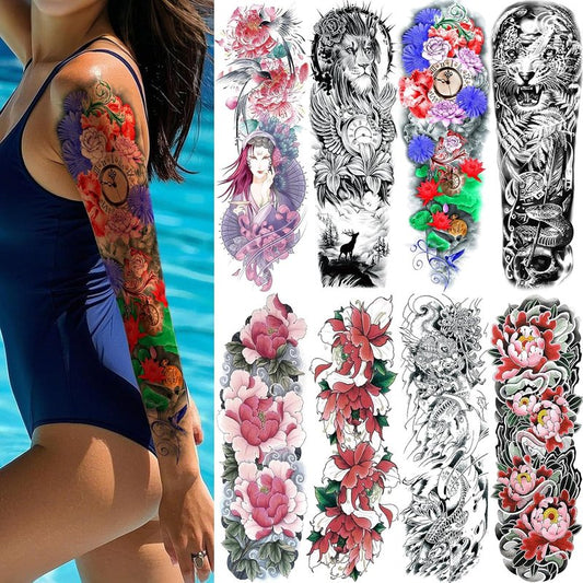 Full Arm Temporary Tattoos - Waterproof Realistic Flower & Bird Designs | 8 Sheets for Adults