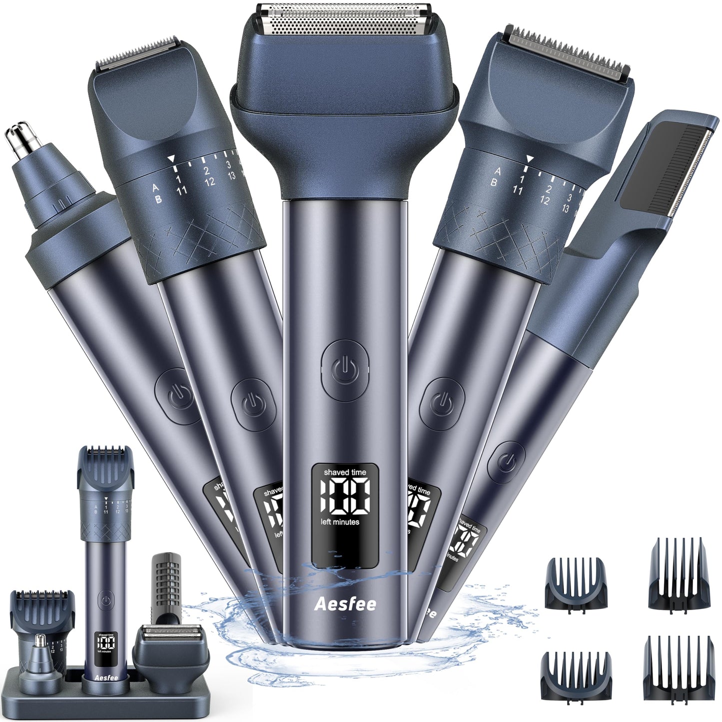 Beard Trimmer for Men, Professional 5-in-1 Hair Clippers with 20 Precision Dial Lengths, Electric Razors for Men IPX7 Waterproof Wet/Dry, USB-C Rechargeable Shaving Set with Dock for Face, Body, Nose