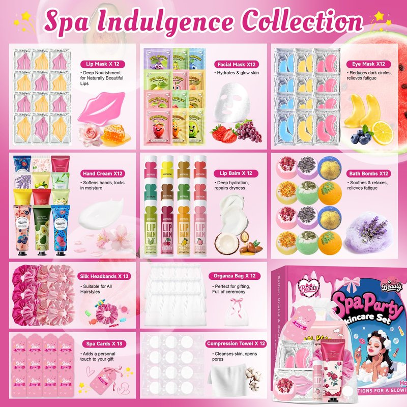 121 PCS Spa Party Supplies for Women & Teen Girls, Spa Party Favors Set with Face Masks, Lip Balm, Hand Cream, Under Eye Patches, Lip Mask, Foot Bath Bombs, Gift Bags for Birthday Sleepover