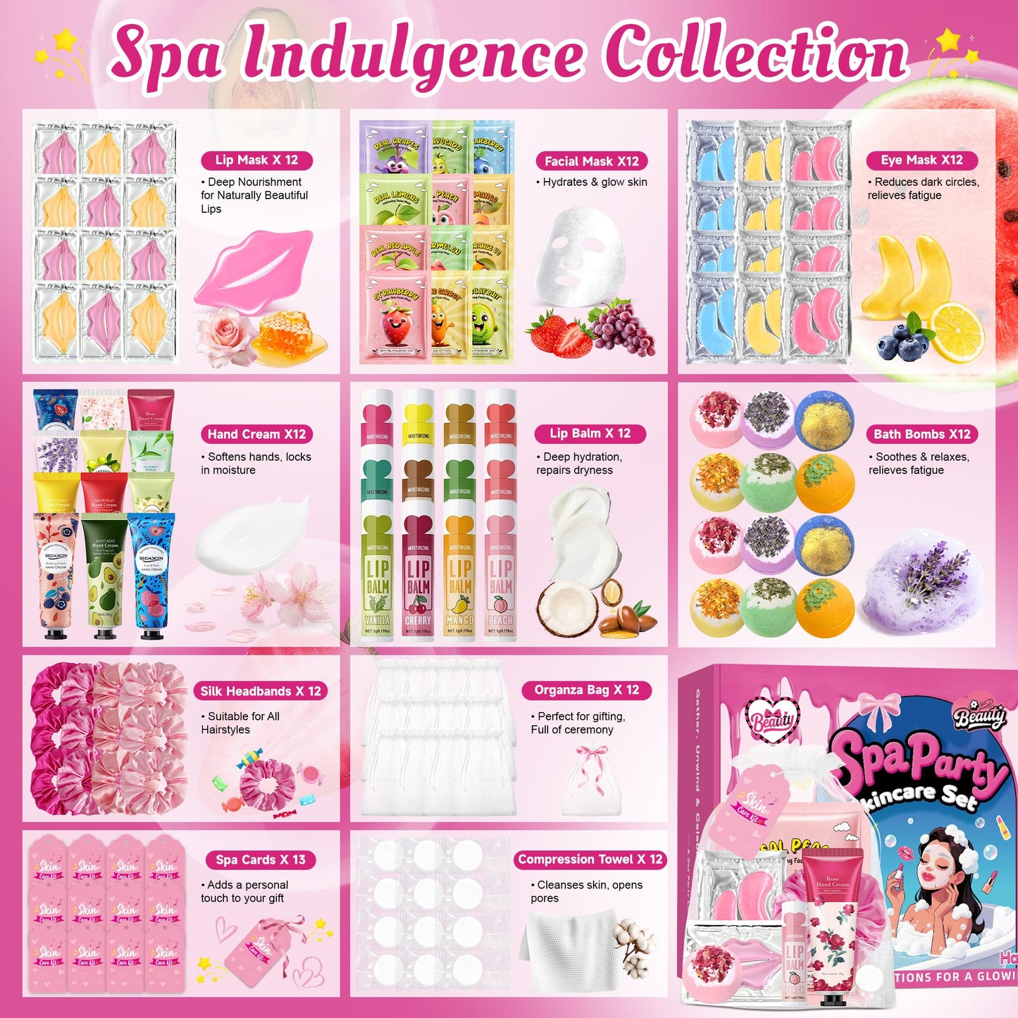 CHANGARLOAD 121 PCS Spa Party Supplies for Girls, Spa Party Favors Set with Face Masks, Lip Balm, Hand Cream, Under Eye Patches, Lip Mask, Foot Bath Bombs, Gift Bags for Birthday Sleepover