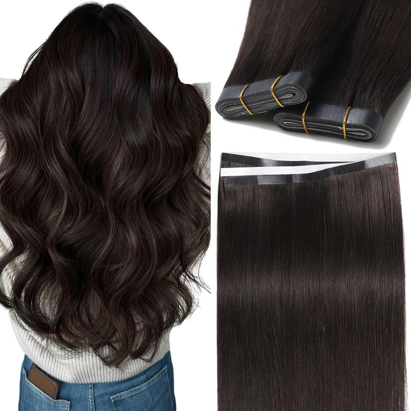 Caliee Wide Tape in Hair Extensions Human Hair Color 2 Darkest Brown Tape in Hair Extensions Real Human Hair 16 Inch 50G Thick Ends Invisible One Piece DIY