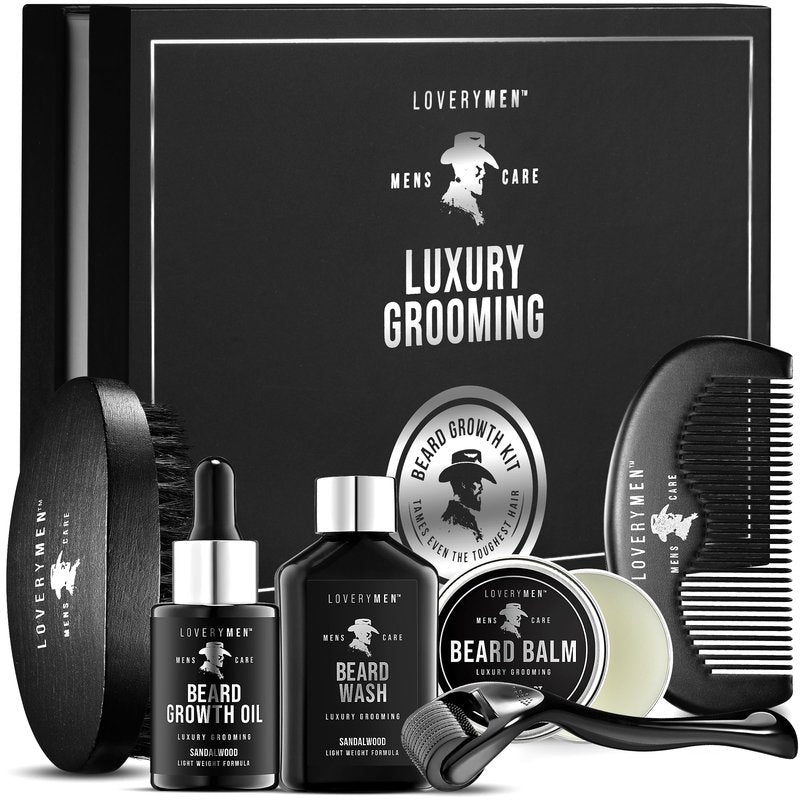 LOVERY Gifts for Him - Beard Grooming Kit - Includes Beard Oil, Beard Balm, Beard Wash, Comb, Brush & more– Mens Gifts for Him, Boyfriend, Husband, Dad - Sandalwood Beard Kit