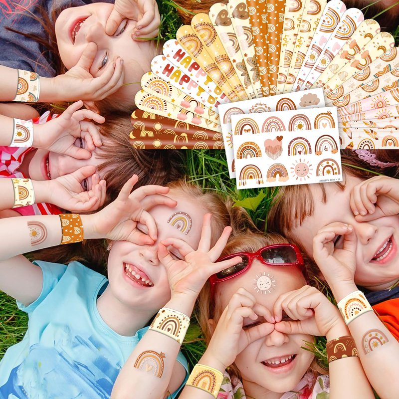 48PCS Boho Rainbow Party Set - 24PCS Temporary Tattoos & 24PCS Slap Bracelets - Fun Birthday Supplies, Baby Shower Gifts, Classroom Rewards & Boho-Themed Decor for Kids (Boys & Girls)