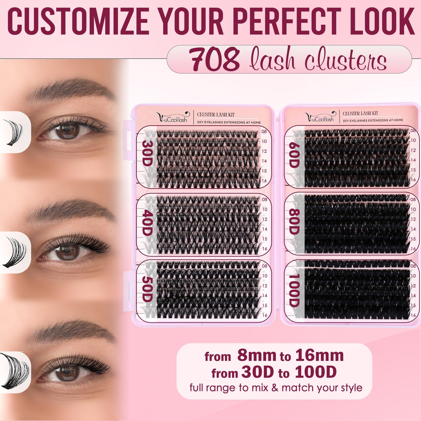 V-uCool 708 Pcs DIY Lash Clusters Kit, D Curl 30D–100D 8–16mm Mix, Fluffy Wispy Cluster Lashes with Bond & Seal, Tweezer, 5 Pads & Brush