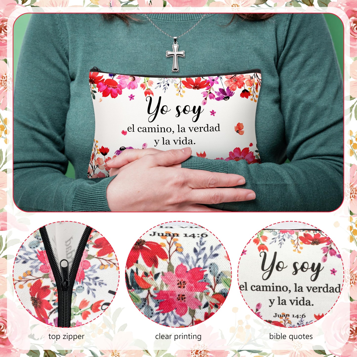 24 Pcs Spanish Christian Gift Set - 12 Women Makeup Bags Bulk & 12 Butterfly Keychains Inspirational Bible Verse Cosmetic Bags Religious Gifts for Women Regalos Religiosos Para Mujer En Español