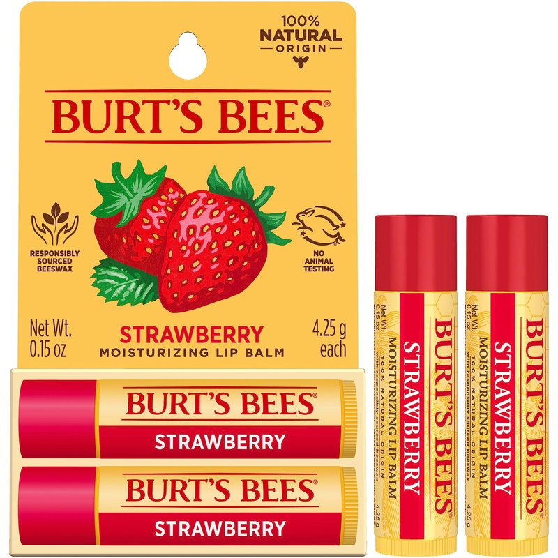 Burt's Bees Mothers Day Gifts, Lip Balm - Strawberry, Lip Moisturizer With Responsibly Sourced Beeswax, Tint-Free, Natural Origin Conditioning Treatment, 2 Tubes, 0.15 oz.