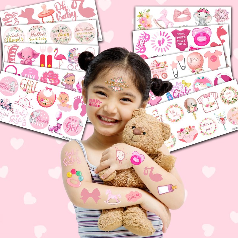 100 PCS Baby Girl Temporary Tattoos - Pink Rose Gold Floral Stickers for Baby Shower Decorations, Birthday Party Favors & Supplies
