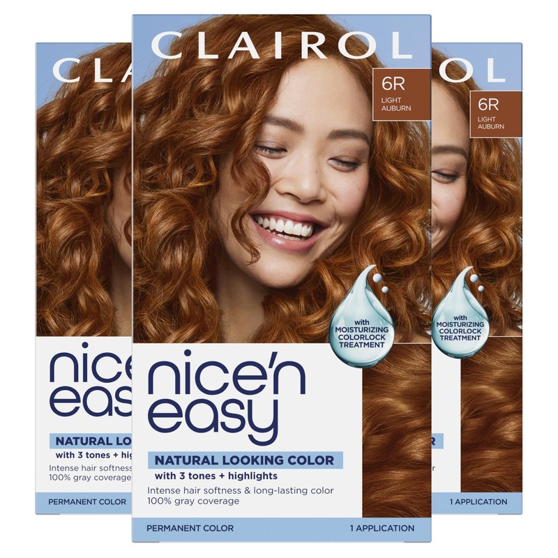 Clairol Nice'n Easy Permanent Hair Dye, 6R Light Auburn | 100% Gray Coverage | Long‑Lasting, Natural‑Looking Color & Shine | Pack of 3
