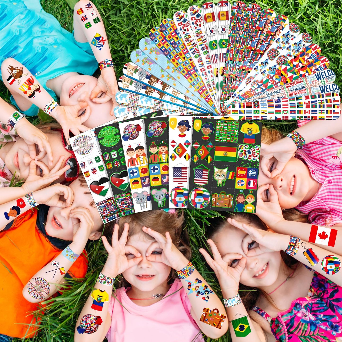 96 PCS World Flag Party Favors – 72 Pre-Cut Temporary Tattoos & 24 Slap Bracelets for Kids, Multicultural Birthday Supplies & Classroom Rewards