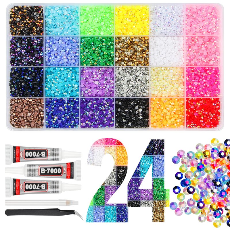 33000Pcs Black Resin Jelly Rhinestones for Bedazzling, 2-6mm Flatback Gems for Diamond Art, Bedazzler Kit with 3Pcs 10ml B7000 Jewelry Glue for Crafting Crafts Book Shoes Nail Art