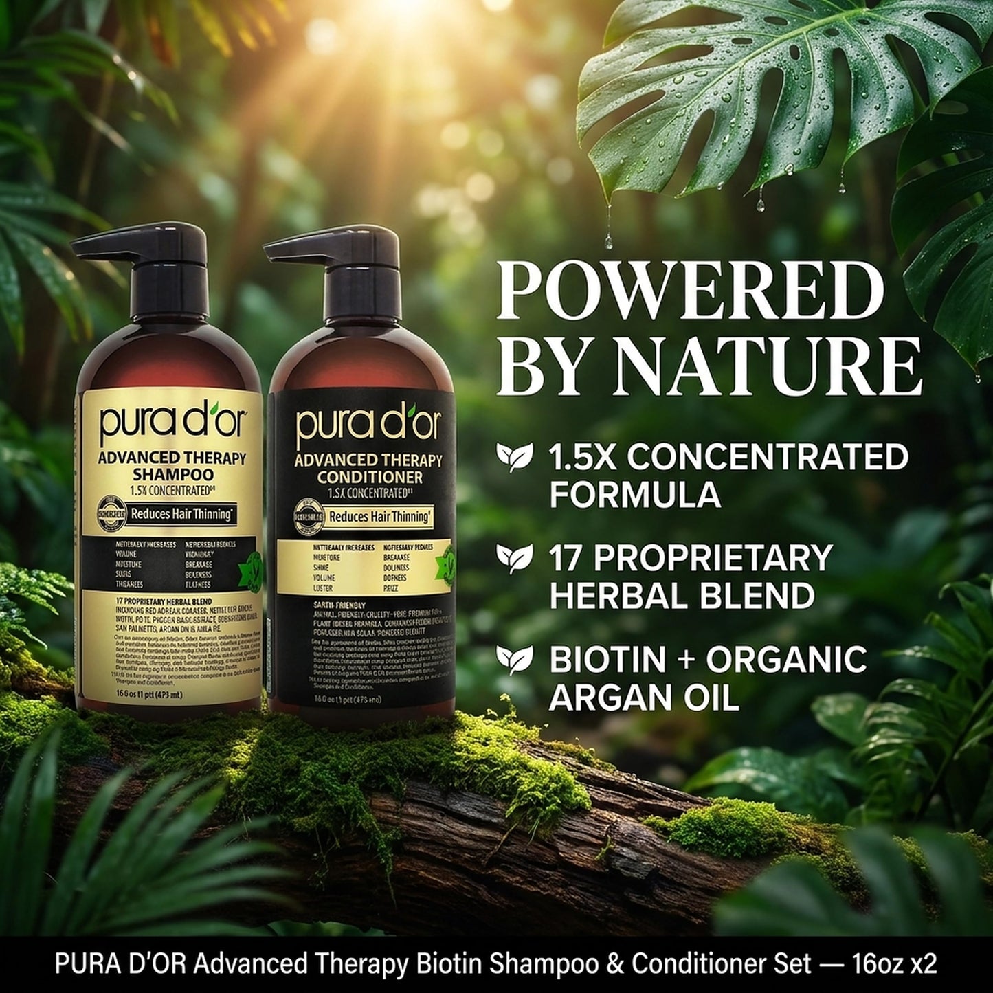 PURA D'OR Advanced Therapy Biotin Shampoo & Hair Regrowth Conditioner Set For Hair Thinning, CLINICALLY TESTED Effective Thickening Results, For Women & Men, Invigorating Forest Scent, 16oz x2