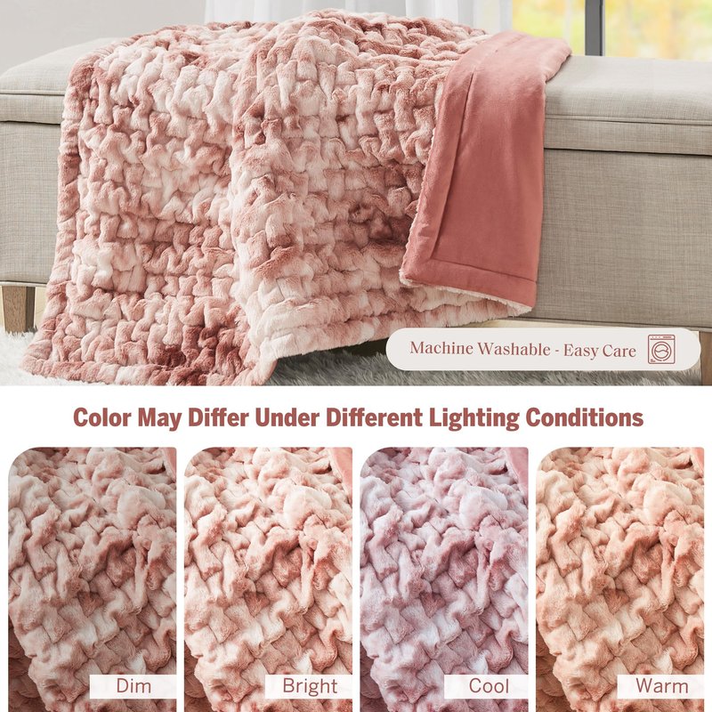 Madison Park Faux Fur Throw, Luxurious Ruched Texture, Fuzzy Warm, Plush Mink-Like Reverse, All Season, Lightweight & Cozy Blanket-Throw for Sofa, Couch, Living Room & Office 50" x 60" Pink Tie Dye
