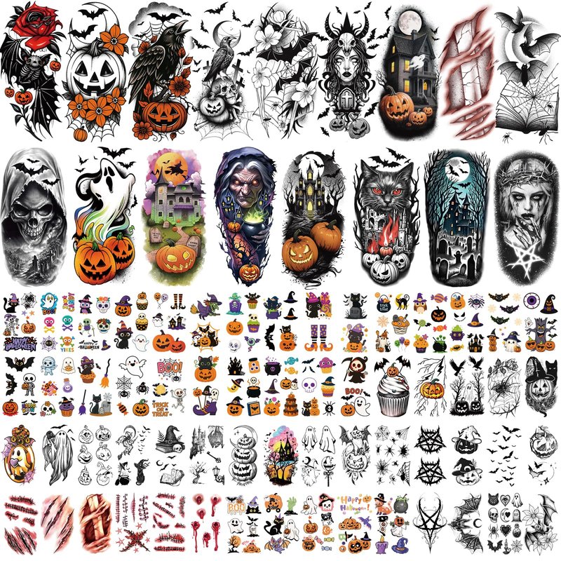77 Sheets Halloween Temporary Tattoos Women Men, 17 PCS Half Sleeve Pumpkin Bat Crow Witch Skull Fake Tattoos for Adult, 60 PCS Spider Cat Ghost Scar Tiny Realistic Face Body Tattoos Stickers
