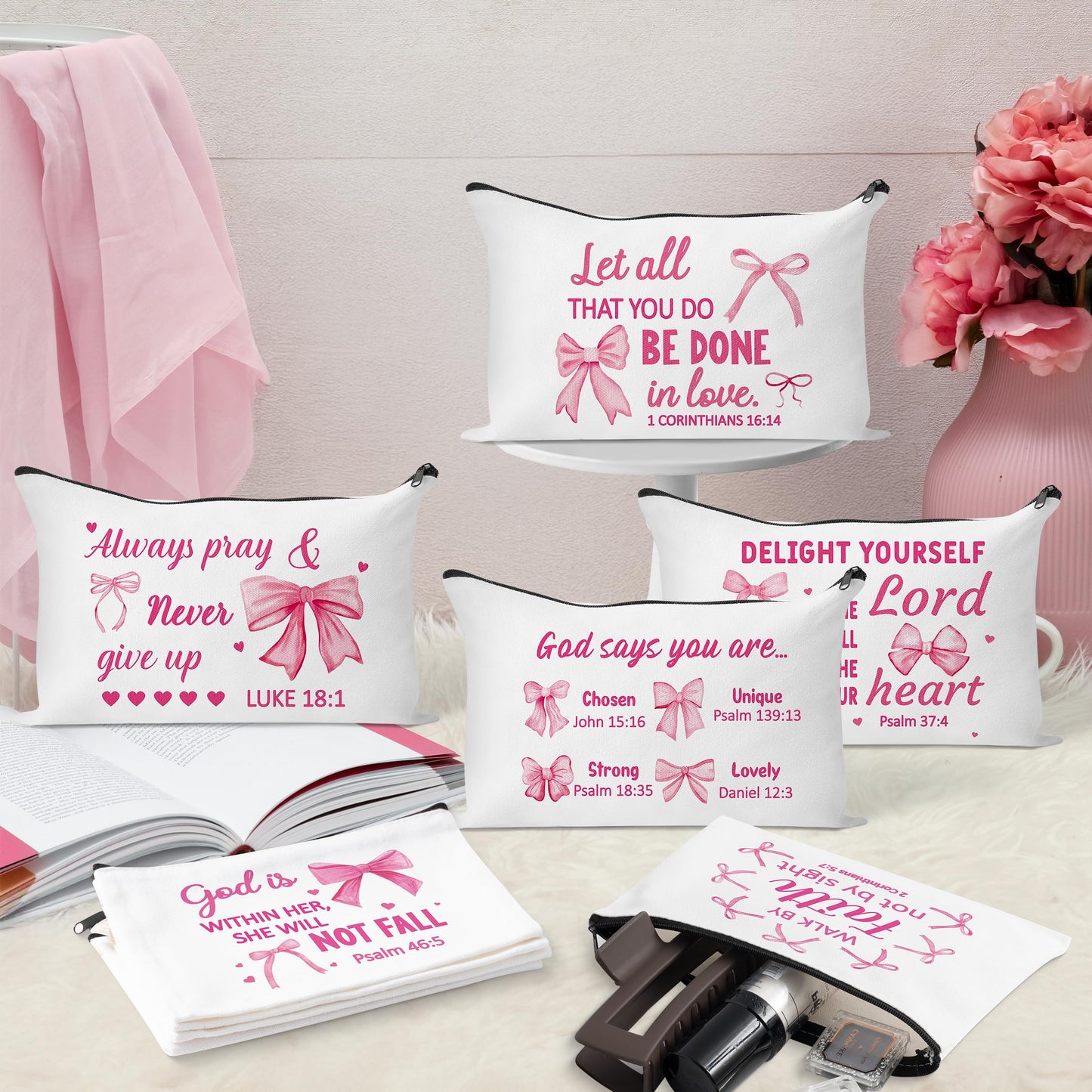 Y1tvei Bow Bible Cosmetic Bags - 30Pcs Pink Coquette Mini Bible Verse Makeup Bag with Zipper, White Canvas Large Capacity Cosmetic Bags Set Gifts Bulk for Women Girls Inspirational Church Party Favors