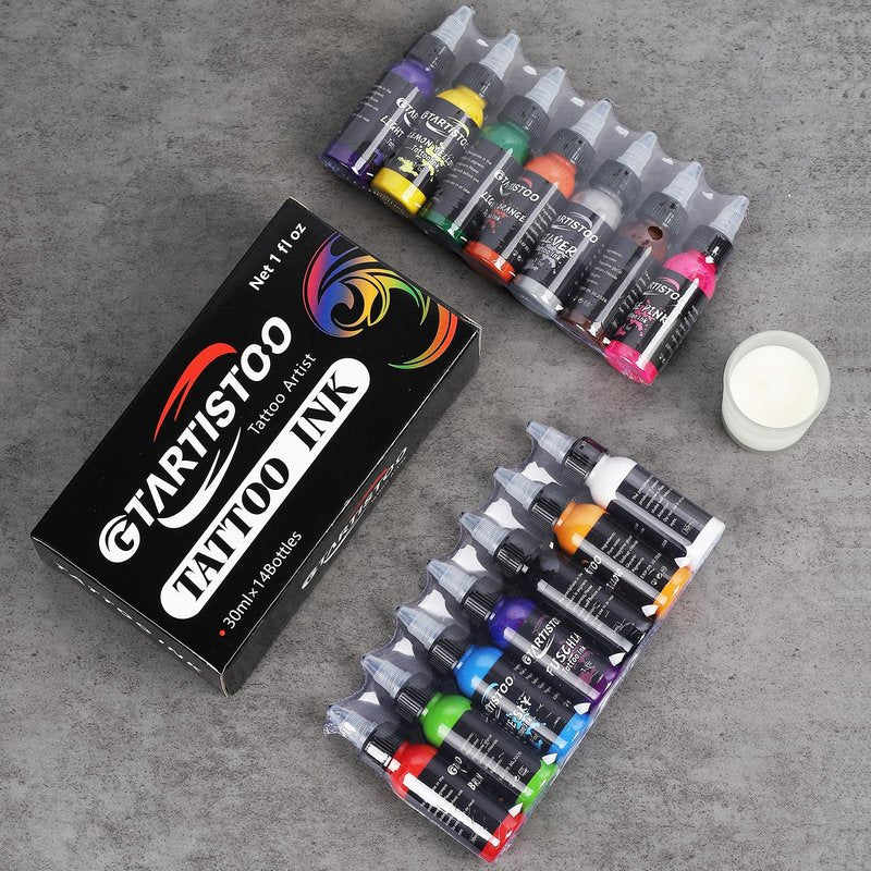 14 Colors Tattoo Ink Set 1oz (30ml) GTARTISTOO Professional Vegan-Friendly Pigment Tattoo Inks Color Kit Supplies