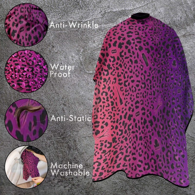 King Midas Barber Hair Cutting Cape for Men & Women - Adjustable Neck Hair Cape for Haircuts with Snap Button, Hairstylist Essentials - Leopard – Purple & Pink