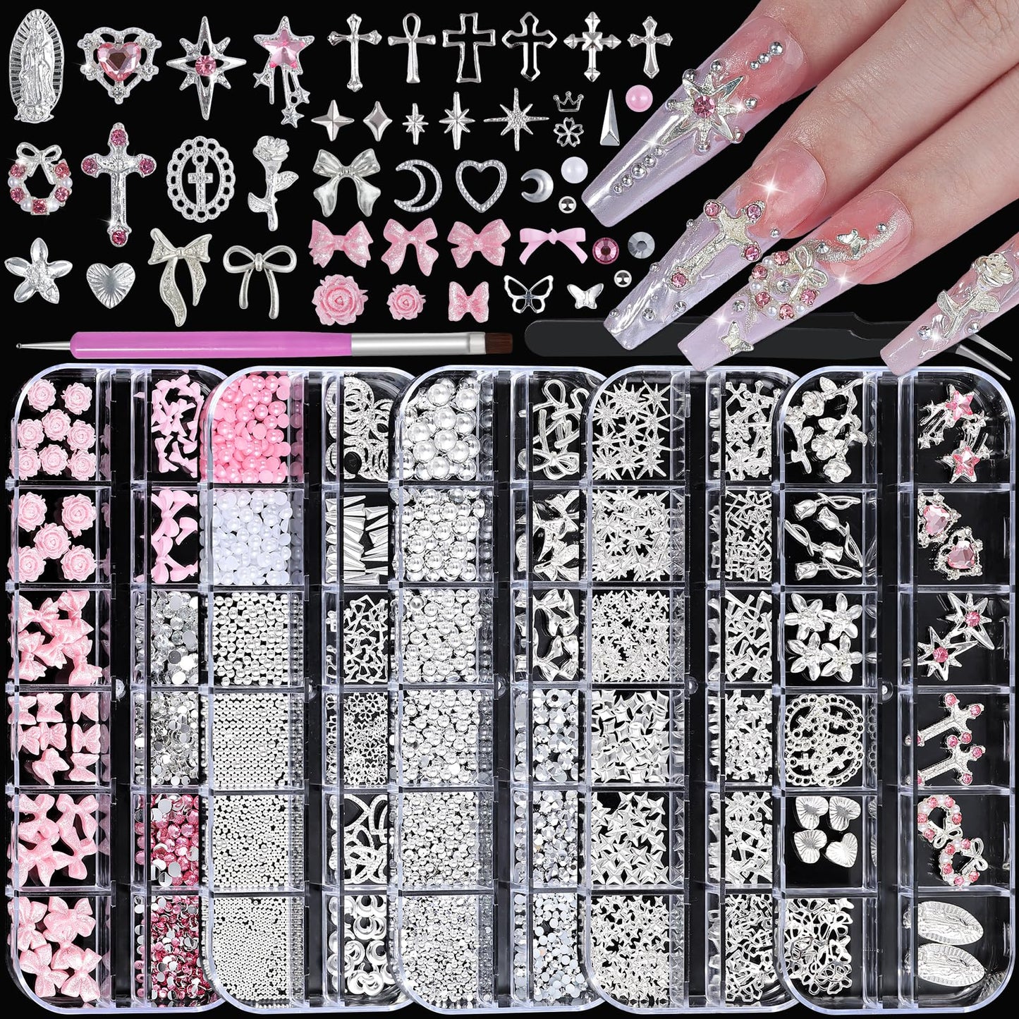 5Boxes Silver Nail Charms and Gems Kit, 3D Metal Flower Heart Bow Cross Star Nail Studs Charms for Nails Design, Pink White Flatback Rhinestones and Pearls Mini Caviar Beads with Tweezers for Nail Art