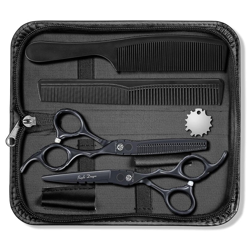 Purple Dragon Hair Cutting Shears Set - Professional 440C Barber Thinning Scissors | Black, 6 Inch