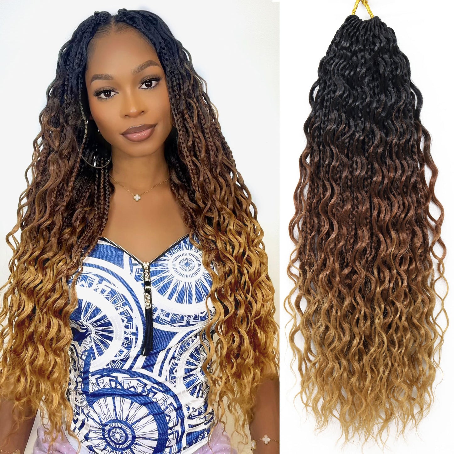 24 Inch Goddess Box Braids Crochet Hair 7 Packs Boho Braids Pre Looped Crochet Braids With Curly Ends Synthetic Bohemian Crochet Braiding Hair for Women, 1B/30/27