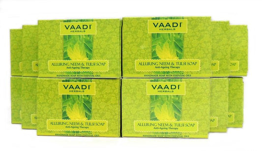 Vaadi Herbals Neem Soap (Neem Tulsi Bar Soap) with Tea Tree Oil - ALL Natural - Each 2.65 Ounces - Pack of 12 (32 Ounces, 2 Lb)