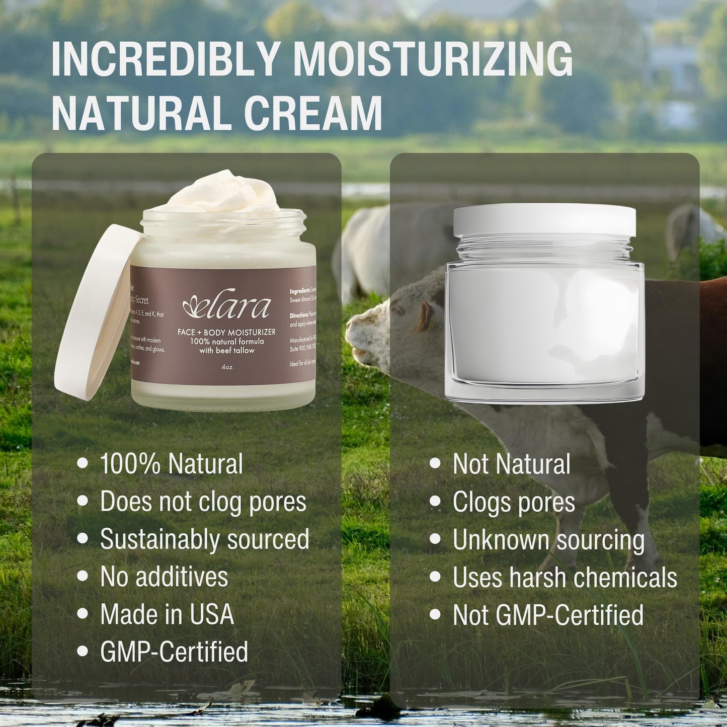 Elara Beef Tallow for Skin - Grass-Fed Whipped Tallow Balm - Face & Body Moisturizer with Sweet Almond Oil - Lightweight Skin Moisturizer for Sensitive Skin - 4 Oz.