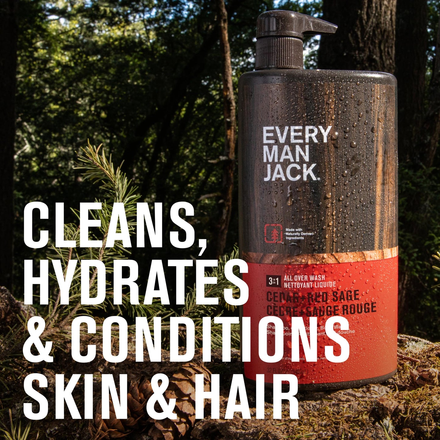 Every Man Jack Cedar + Red Sage Mens 3-in-1 All Over Wash for All Skin and Hair Types - Body Wash, Shampoo and Conditioner with Naturally Derived Ingredients - Paraben & Dye Free - 28.8oz - 2 Pack