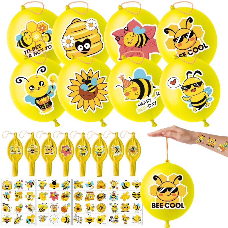 72 PCS Bee Party Favors – 48 Pre-Cut Temporary Tattoos & 24 Bee Punch Balloons Themed Birthday Party Decorations Supplies Favors Gifts Goodie Bag Fillers Classroom Rewards for Boys Girls