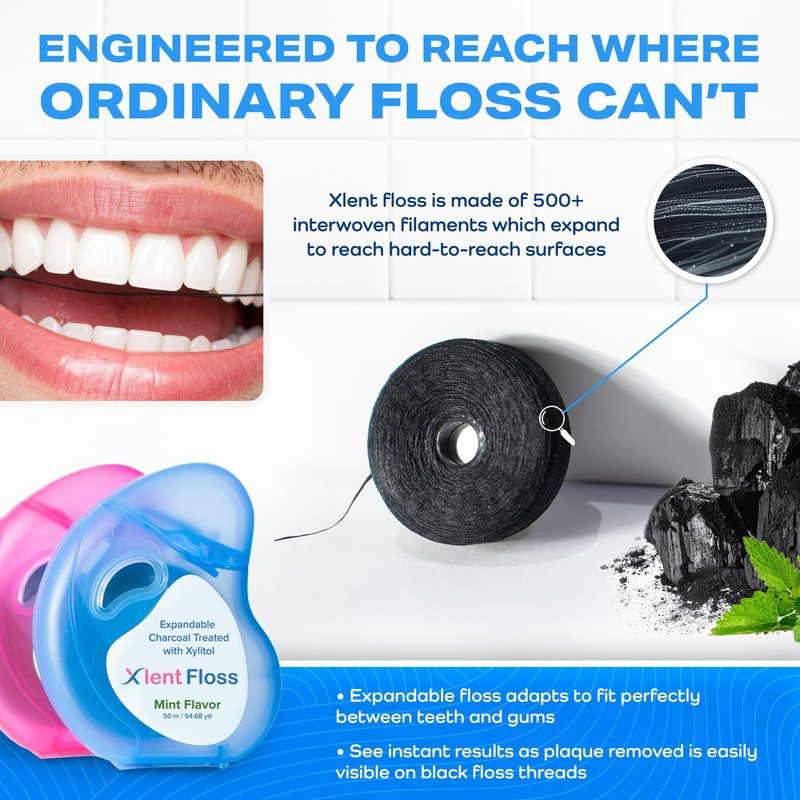 Expandable Floss Treated with Activated Charcoal with Xylitol and Natural Plant Based Wax |Fresh Mint Flavor | 50 Meter (4 Count)