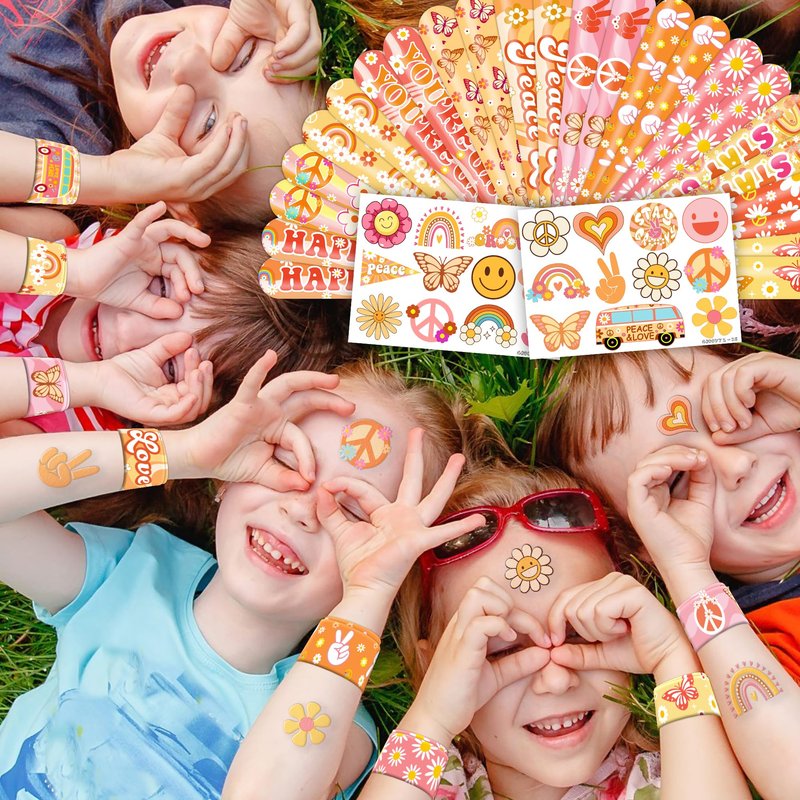 Cherisnowy 48PCS Groovy Party Set - 24PCS Temporary Tattoos & 24PCS Slap Bracelets - 70s Retro Birthday Supplies, Baby Shower Gifts, Classroom Rewards & Party Decor for Kids (Boys & Girls)