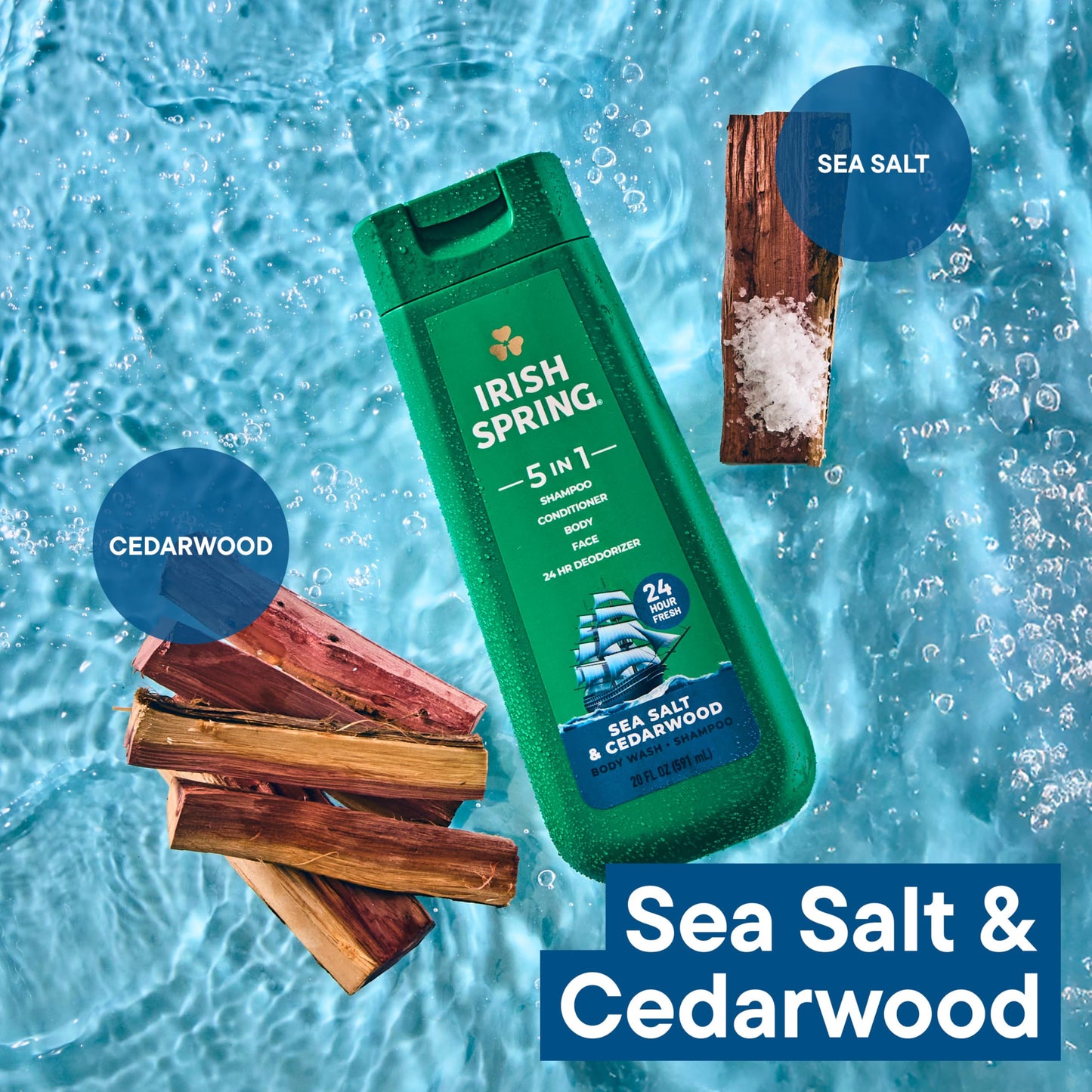 Irish Spring 5 in 1 Moisturizing Body Wash for Men, Shampoo, Conditioner, Body and Face Wash, and 24 Hour Deodorizer, Paraben-Free, Sea Salt & Cedarwood Scent, 20 fl oz, 4 Pack
