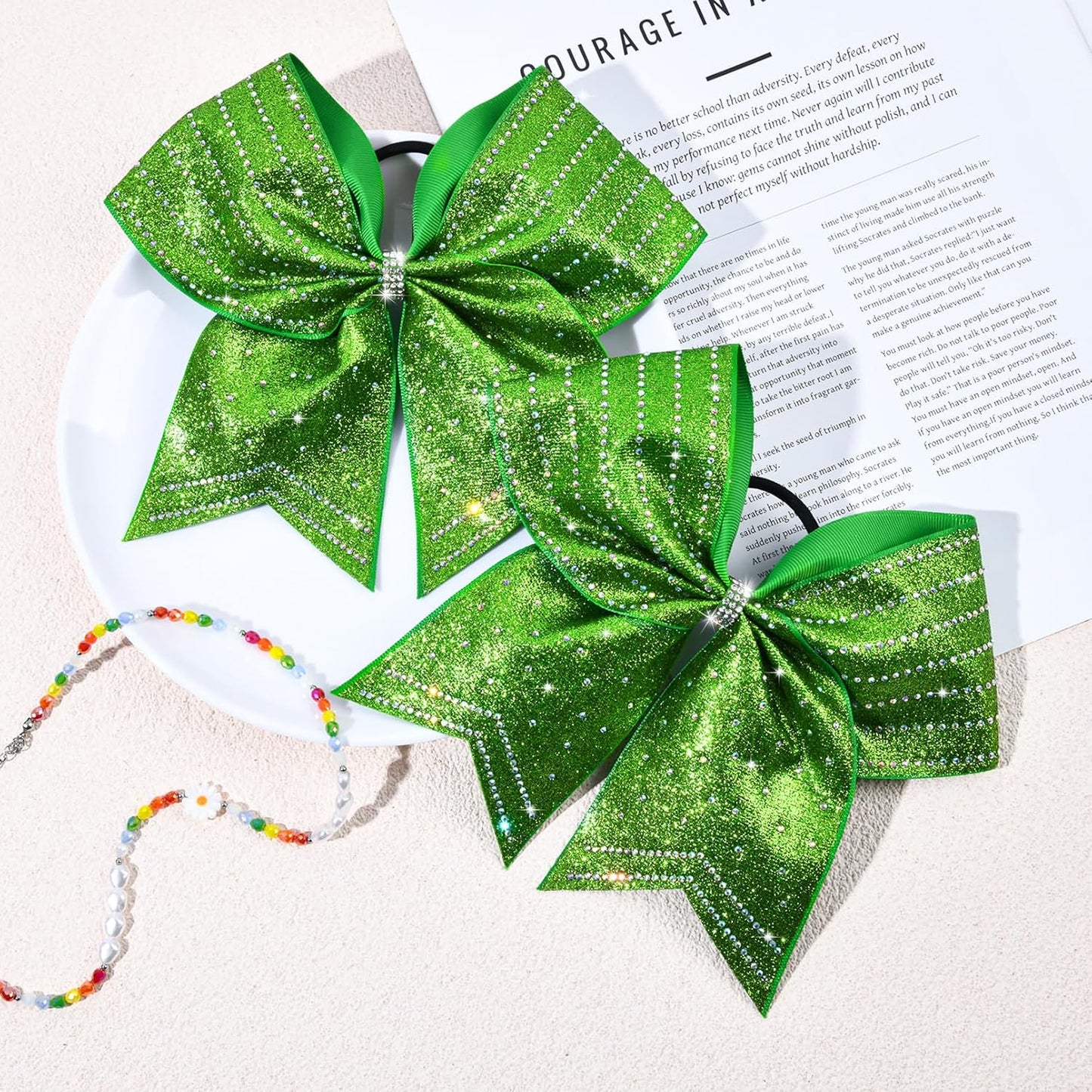 DEEKA 8PCS Green Stripes Glitter Cheer Bows - Iridescent Rhinestones | Large 8" Ponytail Holders for Cheerleaders & Sports