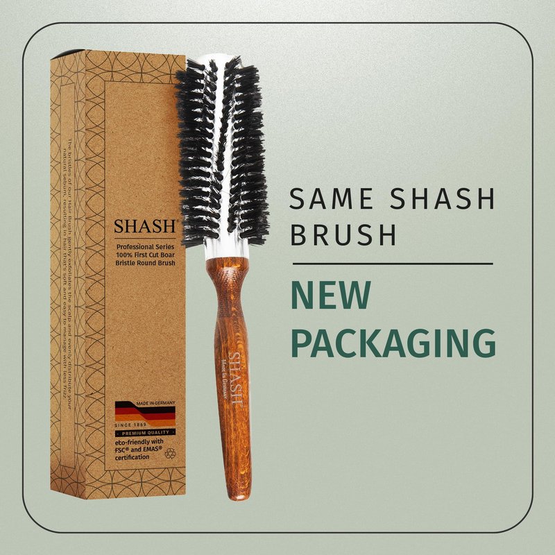 SHASH Since 1869 Hand Made In Germany Professional Series Boar Bristle Round Brush - Add Volume, Help Fight Frizz - Super-Grip Handle for Easy Styling - Eco-Sour (Small)