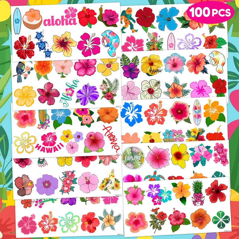 Hibiscus Temporary Tattoos for Kids & Adults - 10 Sheets 100 PCS Hawaiian Tropical Flowers Party Favors, Luau Birthday Decorations Supplies, Cute Waterproof Fake Tattoos