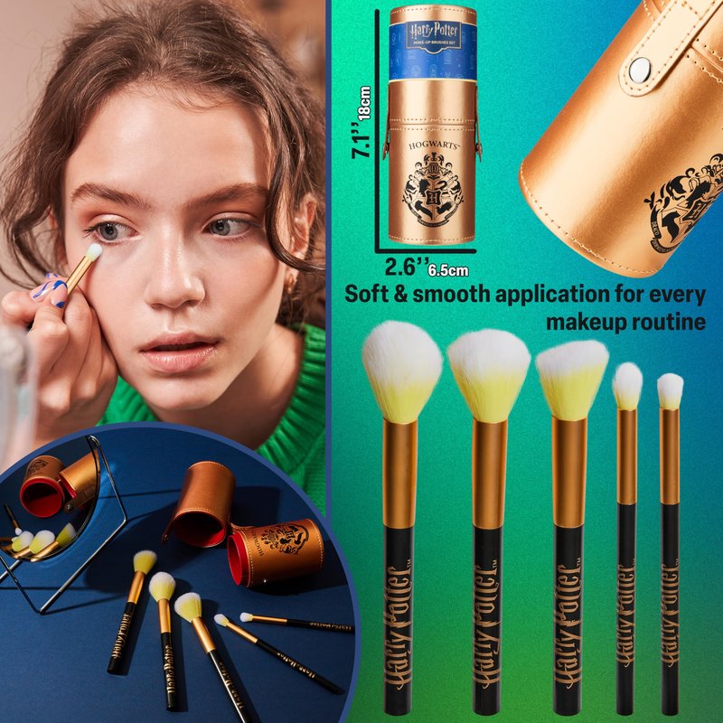Harry Potter Gifts Makeup Brushes Set for Women, Teens, 5 Piece Makeup Brush Set with Travel Case for Eyeshadow Blush Contour Beauty
